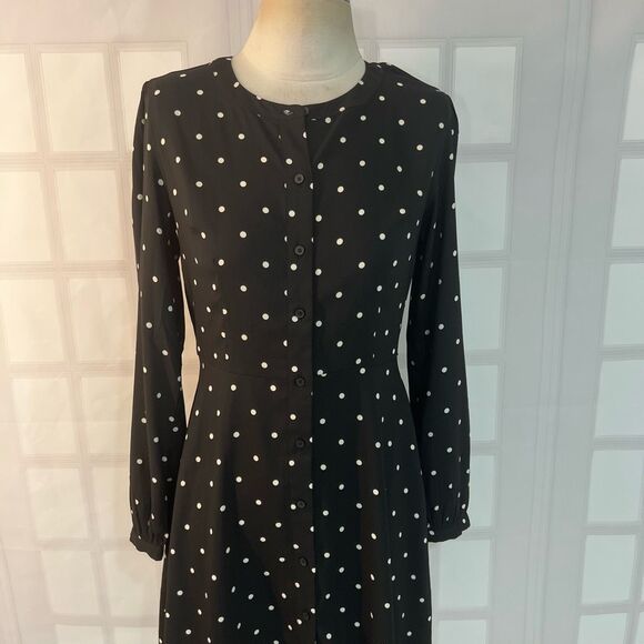 Loft Black White Polka Dot Long Sleeve Mini Button Down Shirt Dress Size 2 - Picture 2 of 9